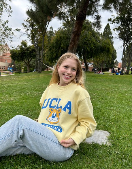 Jane in a UCLA Bruins sweatshirt on Tongva Steps.