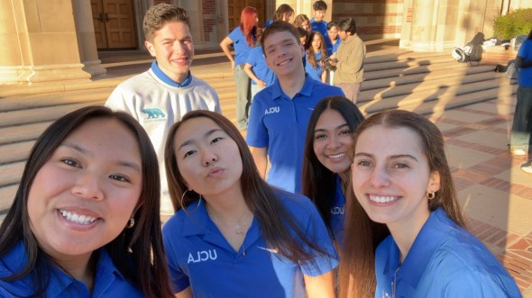 Selfie of Camila with fellow Bruin Ambassadors outside of Royce Hall at UCLA.